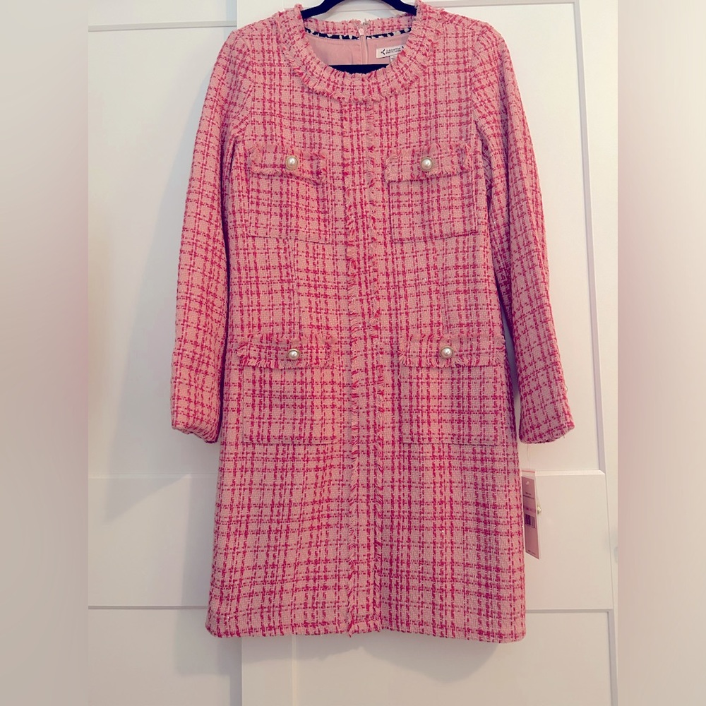 NWOT Nanette Lepore tweed dress above knee in pink with pearl buttons size 10